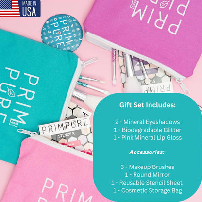 Kids Makeup Gift Set - Stencil, Makeup Eyeshadow Bioglitter Lip Gloss and Cosmetic Bag Mirror Makeup Brush Accessories (Mermaid Blue)